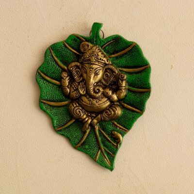 eCraftIndia Metal Golden Lord Ganesha on Green Leaf Wall Hanging Sculpture Decorative Religious Showpiece for Home Wall Decor, Pooja Room, Temple & House Warming Gift Purpose
